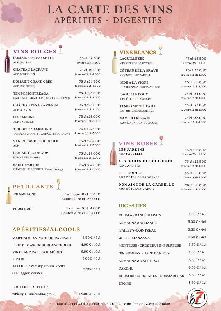 Carte des Boissons & Vins